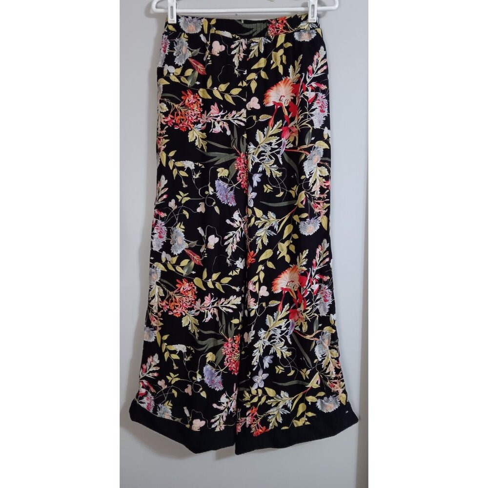 Zinzane Medium Black Floral Wide Leg Casual Beach Travel Lounge Flowy Pants